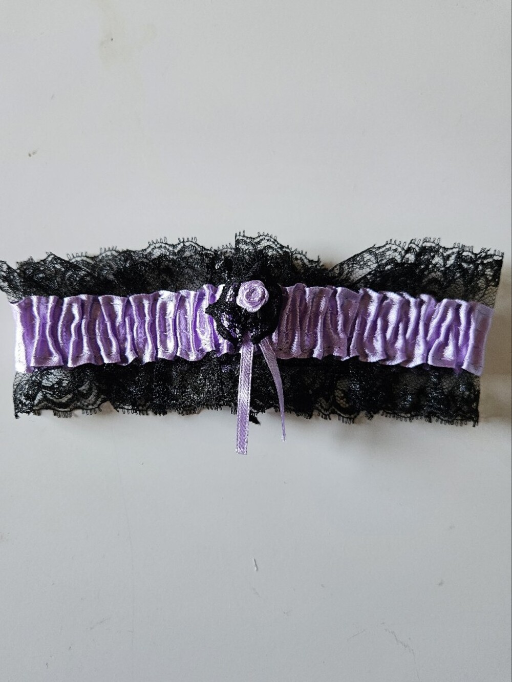 Black Lace and Lavender Satin Rose Garter